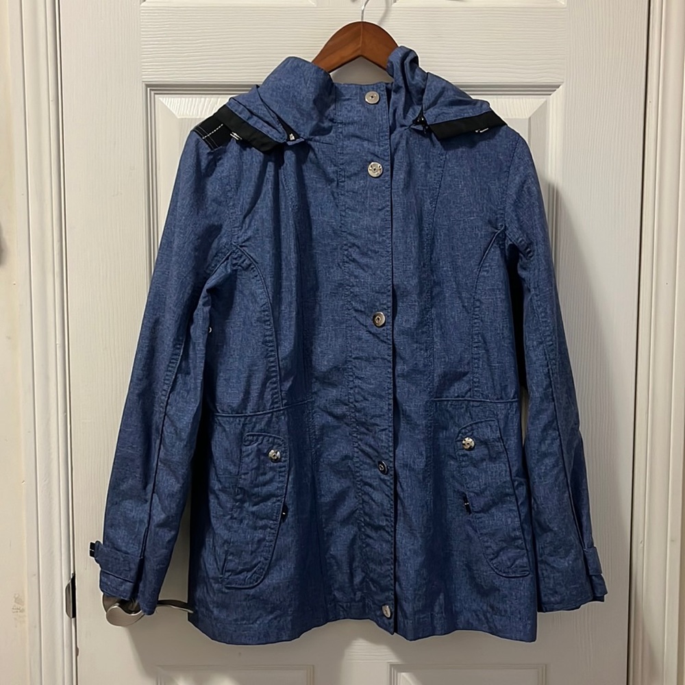 Women’s Spring/Summer Rain Jacket Denim Blue Size 8 Removable Hood, Zip Pockets